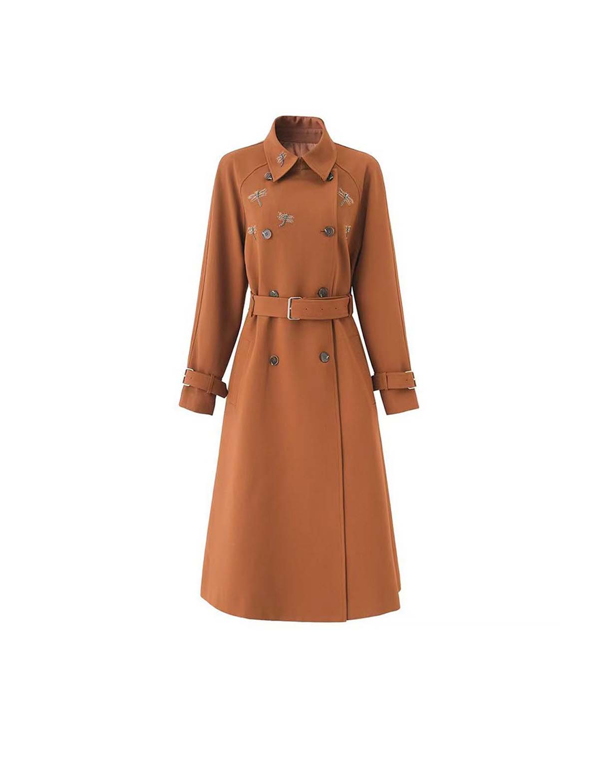 Women's Heavy-Duty Dragonfly Embroidered Double-Breasted Belted Trench Coat-wt665-1